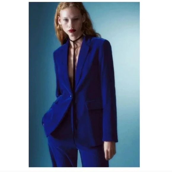 ZARA Bloggers Favorite Velvet Blue One Button Oversized Tuxedo Blazer(S) - Picture 1 of 13